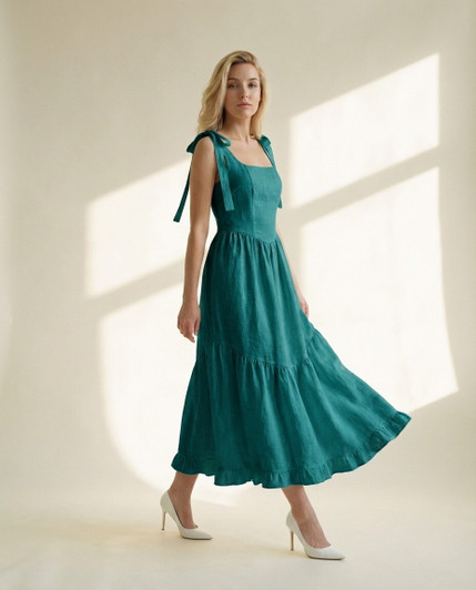 Linen Maxi Dress, Tie Shoulder Linen Dress, Low Back Summer Dress, Romantic Tiered Linen Sundress, Bridal Linen Outfit