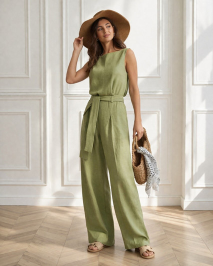 Linen Matching Set, Sleeveless Linen Blouse and High Waist Wide Leg Trousers, Chic Linen Resort Outfit