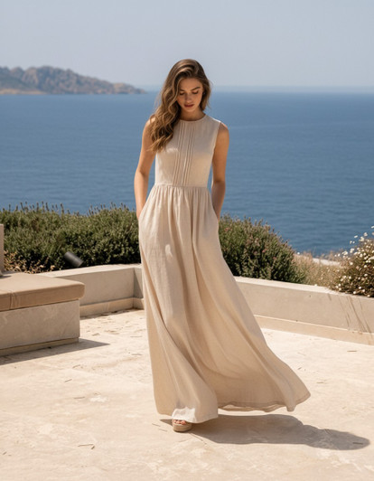 Cream Linen Maxi Dress, Sleeveless Linen Dress, Gathered Waist Summer Dress, Minimal Elegant Vacation Dress