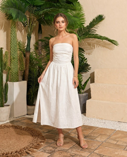 Strapless Linen Midi Dress, Ruched Bodice Dress, Side Slit Summer Dress, Minimal Bandeau Linen Dress
