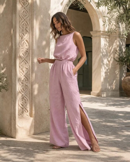 Natural Linen Crop Top and Wide Leg Pants Set, Minimal Two Piece Outfit, Side Slit Linen Trousers, Resort Co Ord