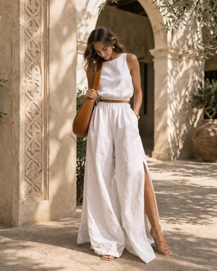 White Linen Two Piece Set, Sleeveless Crop Top and Wide Leg Pants, Slit Linen Trousers, Minimal Summer Outfit
