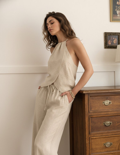 Linen Two Piece Set, Halter Top and Wide Leg Pants, Minimal Matching Linen Outfit, Relaxed Summer Co Ord