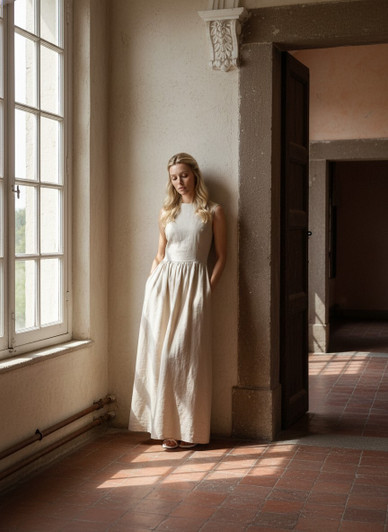 Linen Maxi Dress, Sleeveless Linen Dress, Minimalist Gathered Waist Dress, Elegant Summer Linen Clothing