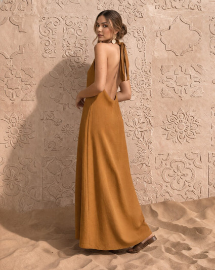 Backless Linen Dress, Halter Maxi Dress, Minimal Summer Linen Clothing, Elegant Vacation Dress