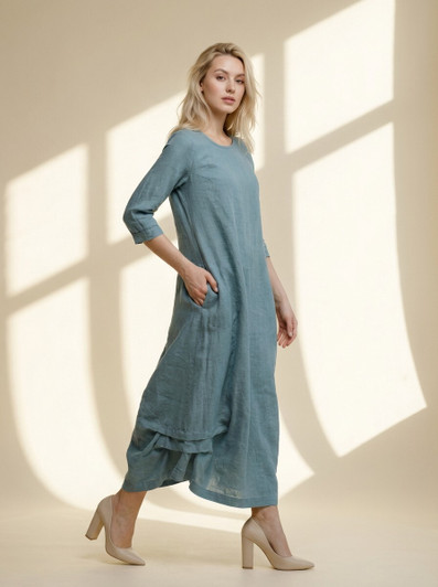 Natural Linen Dress, Relaxed Maxi Dress with Pockets, Layered Hem Linen Dress, Minimal Summer Clothing