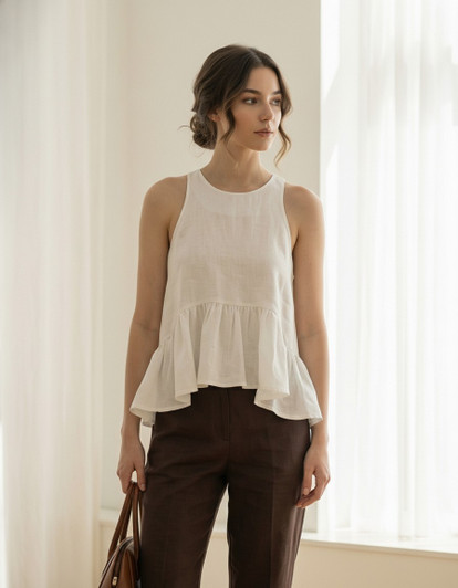 Linen Peplum Top for Women, Sleeveless Ruffle Hem Blouse, Flowy Linen Tank Top, Loose Summer Top, Minimalist Linen Shirt