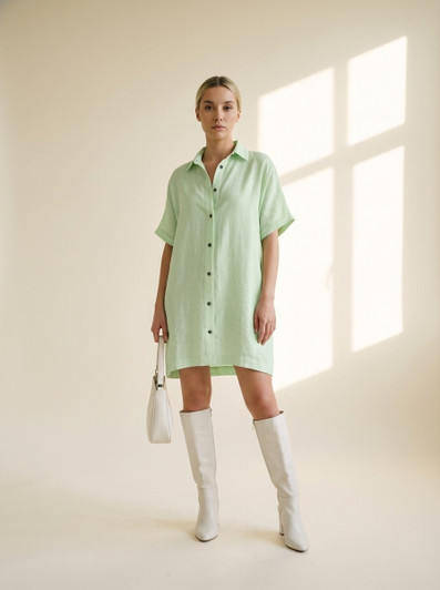 Oversized Linen Dress, Button Front Shirt Dress, Minimal Summer Linen Dress, Loose Collared Mini Dress for Women