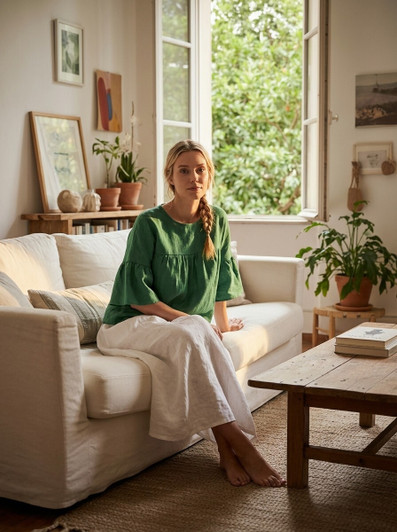 White Linen Blouse for Women, Ruffle Hem Linen Top, Button Back Blouse, Loose Fit Summer Top, Minimalist Linen Shirt
