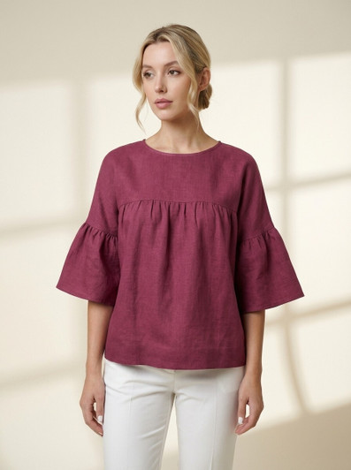 Linen Bell Sleeve Top, Women Loose Linen Blouse, Minimal Summer Shirt, Relaxed Fit Linen Top, Everyday Linen Wear