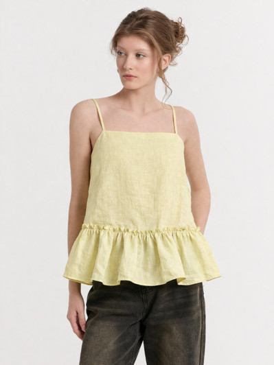 Linen Cami Top, Ruffle Hem Linen Blouse, Spaghetti Strap Summer Top, Flowy Peplum Tank, Feminine Linen Clothing