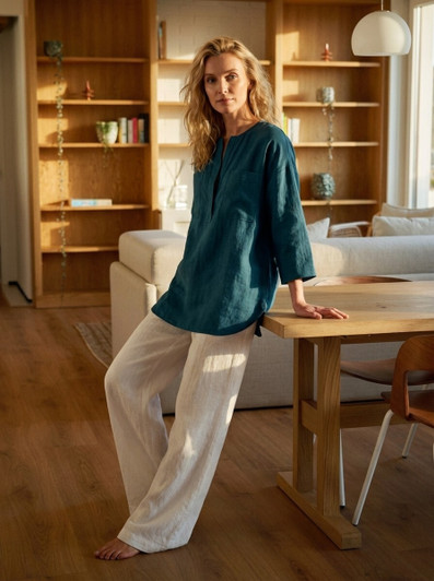 Minimalist Linen Blouse, Relaxed Split Neck Top, Oversized 3 4 Sleeve Linen Shirt, Easy Everyday Clothing