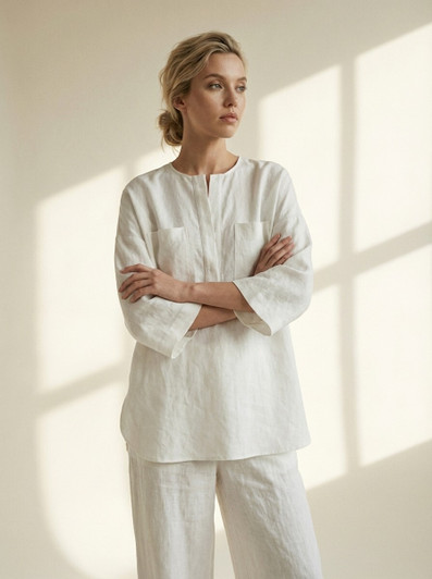 White Linen Top, Oversized Minimalist Blouse, Split Neck Linen Shirt, Relaxed 3 4 Sleeve Top, Casual Linen Clothing