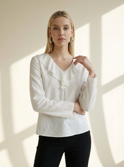 White Linen Blouse, Long Sleeve Ruffle Top, V Neck Linen Shirt, Feminine Minimalist Blouse, Elegant Linen Clothing