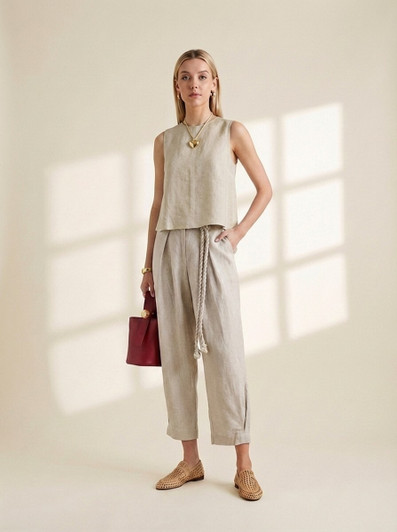 Sleeveless Linen Top, Simple Round Neck Blouse, Minimalist Linen Summer Top, Elegant Everyday Wear