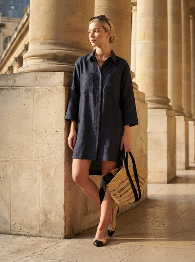 Minimalist Linen Shirt Dress, Button Down Mini Dress, Oversized Collared Dress, Casual High Low Linen Outfit