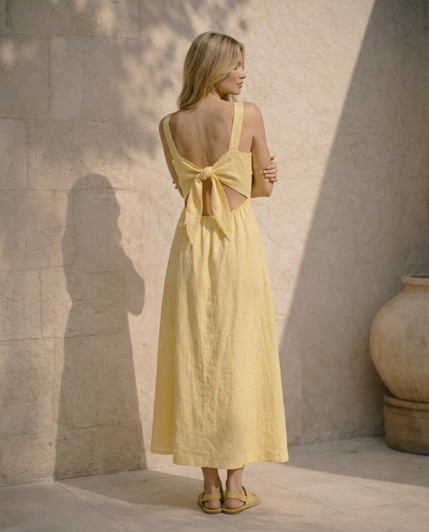 Open Back Linen Maxi Dress, Linen Bow Back Dress, Spaghetti Strap Summer Dress, Romantic Minimalist Linen Outfit