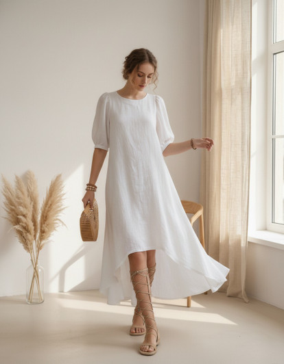 Natural Linen Midi Dress, High Low Hem Dress, Loose Fit Linen Dress, Puff Sleeve Summer Dress, Minimalist Linen Clothing