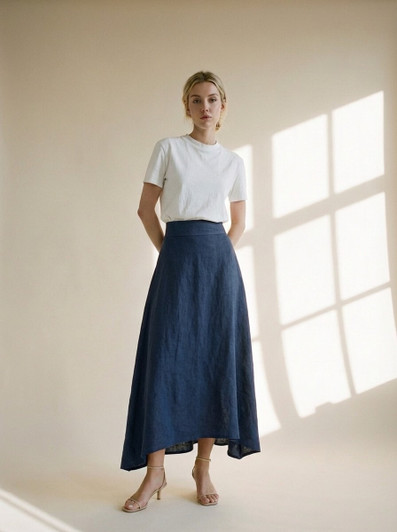 Navy Linen Midi Skirt, High Waisted A Line Skirt, Asymmetrical Hem Skirt, Elegant Summer Linen Skirt, Minimalist Clothing