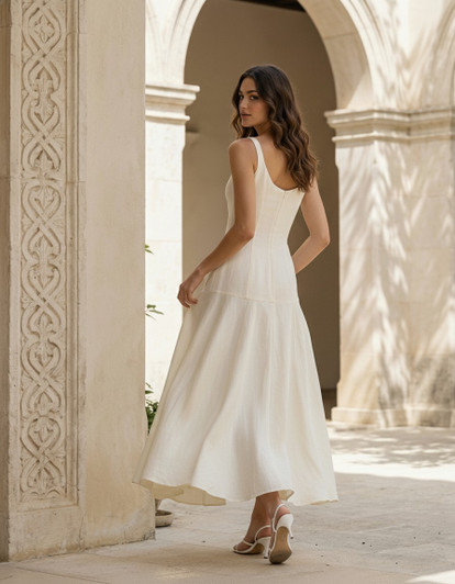Natural Linen Maxi Dress, Square Neck Dress, Drop Waist Linen Dress, Fit and Flare Dress, Minimalist Wedding Guest Dress