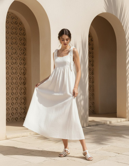 Linen Empire Waist Dress for Women, Tie Shoulder Dress, Square Neck Midi Dress, Open Back Linen Sundress, Handmade