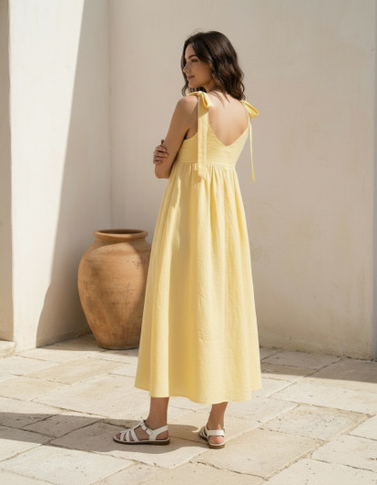 Linen Midi Dress for Women, Shoulder Tie Dress, Empire Waist Linen Dress, Square Neck Open Back Dress, Summer Dress