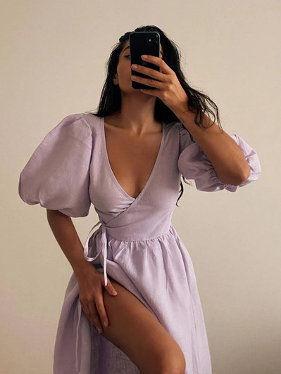 Lavender Linen Wrap Midi Dress, Puff Sleeve Deep V Dress, Side Slit Romantic Dress, Feminine Summer Linen Dress