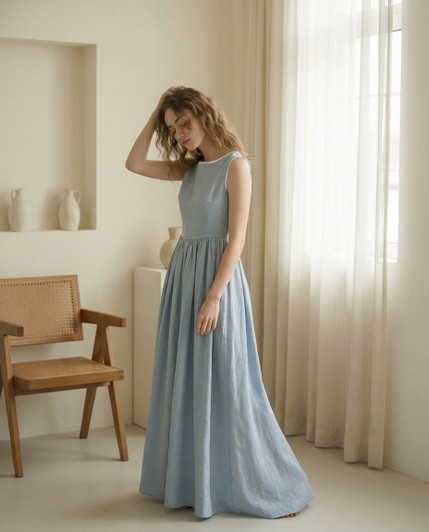 Powder Blue Linen Maxi Dress, Sleeveless A Line Dress, High Neck Linen Dress, Flowy Minimalist Summer Dress