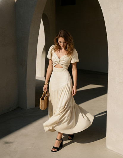 Linen Cut Out Dress, Puff Sleeve Twist Front Maxi Dress, Romantic Summer Linen Dress