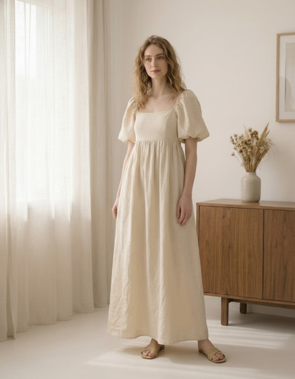 Natural Linen Maxi Dress, Square Neck Puff Sleeve Dress, Flowy Empire Waist Dress, Soft Cottagecore Dress