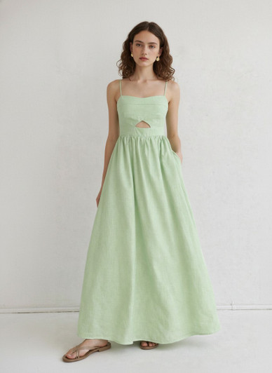 Mint Linen Maxi Dress, Spaghetti Strap Linen Dress with Waist Cutout, Flowy Summer Dress, Elegant Linen Sundress