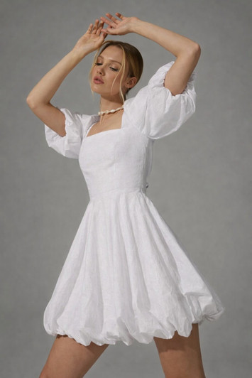 White Linen Bubble Mini Dress, Square Neck Puff Sleeve Dress, Lace Up Back Dress, Romantic Bridal Mini