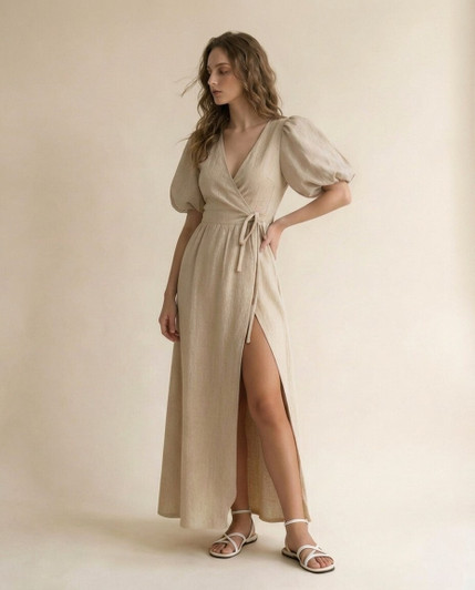 Natural Linen Wrap Dress, Puff Sleeve Maxi Dress, Beige V Neck Linen Dress, Romantic Slit Summer