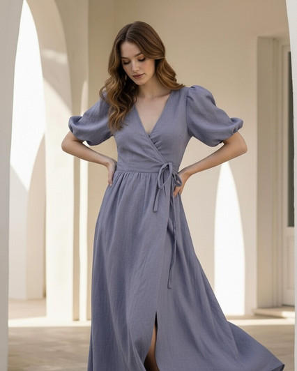 Linen Wrap Maxi Dress, Puff Sleeve Linen Dress, Deep V Neck Slit Dress, Romantic Summer Dress
