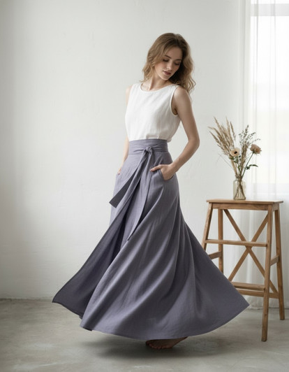 Linen A Line Maxi Skirt, Lavender Wrap Skirt with Pockets, Tie Waist Long Skirt, Romantic Minimal Linen Skirt