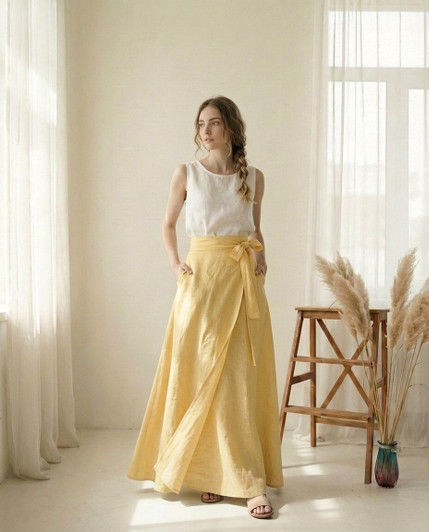 Maxi Linen Wrap Skirt, Tie Waist Maxi Skirt with Pockets, Flowy A Line Linen Skirt, Minimalist Long Skirt