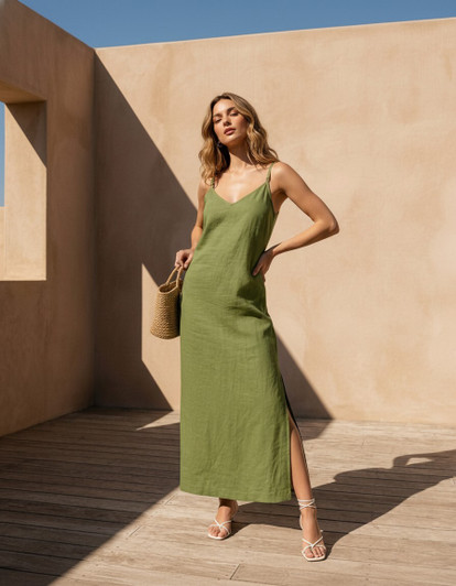 Linen Strappy Maxi Dress, Minimal Open Back Dress, Sleeveless Linen Resort Dress, Summer Sundress