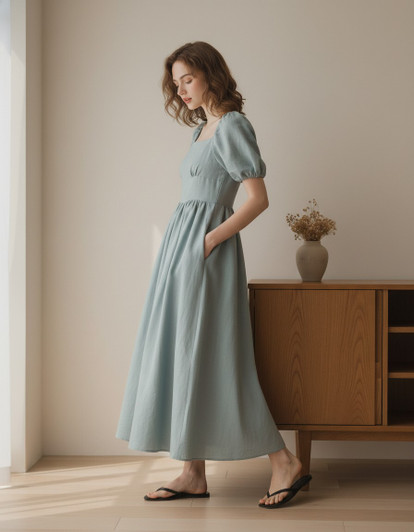 Linen Maxi Dress, Square Neck Puff Sleeve Dress, A Line Cottagecore Dress with Pockets, Modest Summer Dress