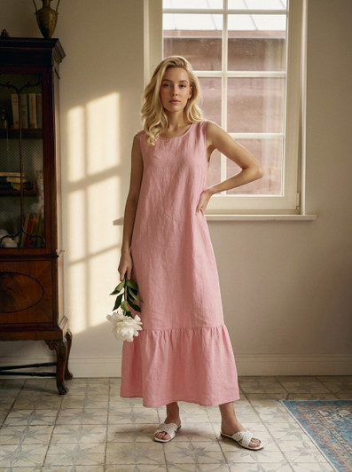 Sleeveless Linen Maxi Dress, Soft Pink Linen Sundress, Flowy Ruffle Hem Dress, Minimal Linen Outfit
