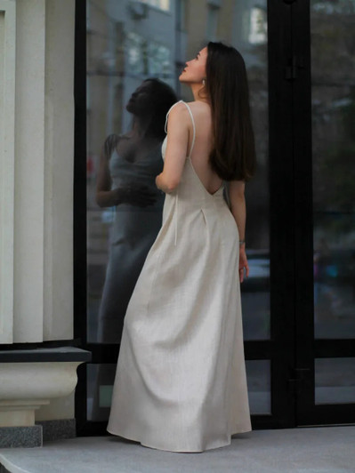 Linen Back Tie Maxi Dress, Open Back Slip Dress, Boho Tie Strap Linen Summer Dress, Minimalist Long Dress