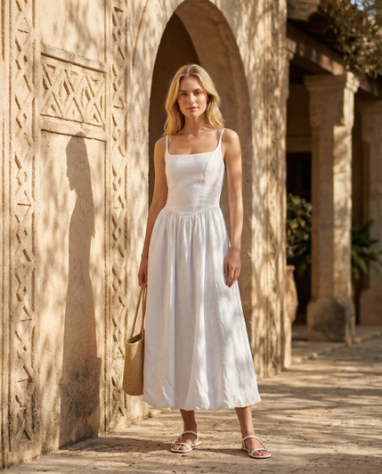 White Linen Midi Dress, Spaghetti Strap Linen Dress, Empire Waist Linen Dress, Minimalist Summer Dress