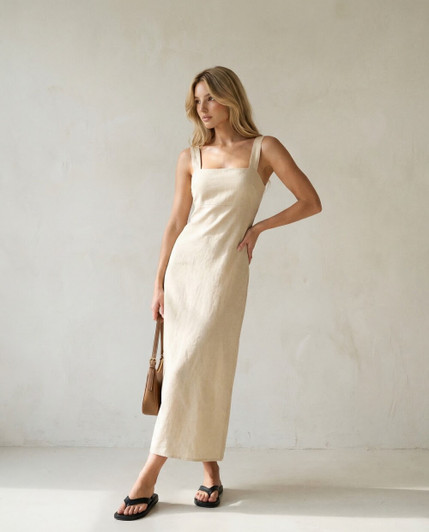 Linen Maxi Dress, Square Neck Linen Dress, Minimalist Linen Slip Dress, Elegant Linen Dress