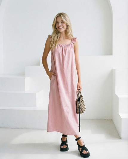 Romantic Pink Linen Maxi Dress, Ruffle Strap Linen Dress, Tie Back Linen Summer Dress