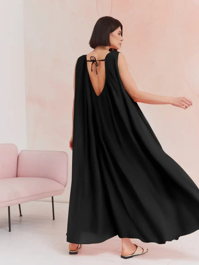 Black Linen Maxi Dress, Minimalist Linen Dress, Elegant Linen Summer Dress, Open Back Linen Dress