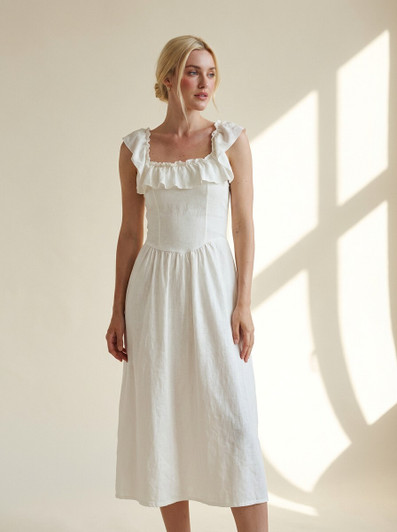 White Linen Ruffle Dress, Ruffle Neck Linen Midi Dress, Cottagecore Linen Sundress, Romantic Summer Dress