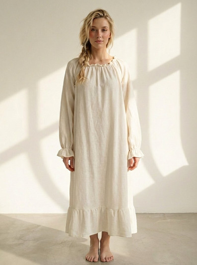 Natural Linen Midi Dress, Ruffle Neck Linen Dress, Cottagecore Linen Sundress, Romantic Summer Dress