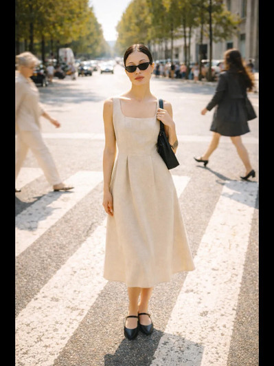 Elegant Linen Midi Dress, Square Neck Linen Sundress, Pleated Waist Minimalist Linen Dress, Linen Summer Dress