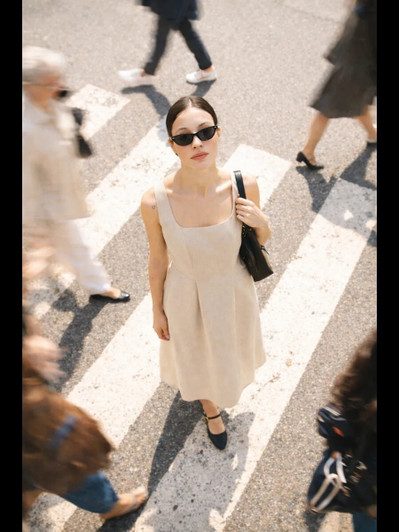 Natural Linen Midi Dress, Square Neck Linen Dress, Pleated Waist Linen Dress, Elegant Minimalist Summer Dress