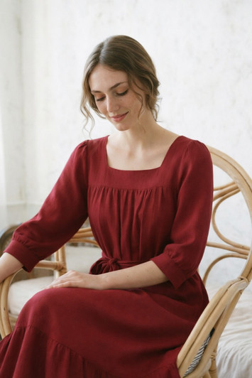 Rust Linen Maxi Dress, Square Neck Linen Dress, Cottagecore Prairie Dress, Vintage Inspired Linen Dress, Elegant Linen Dress
