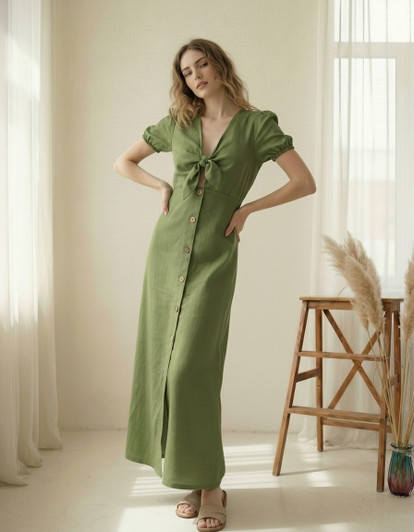 Linen Maxi Dress, Puff Sleeve Linen Dress, Button Front Linen Dress, Tie Front Linen Dress, Cottagecore Linen Dress